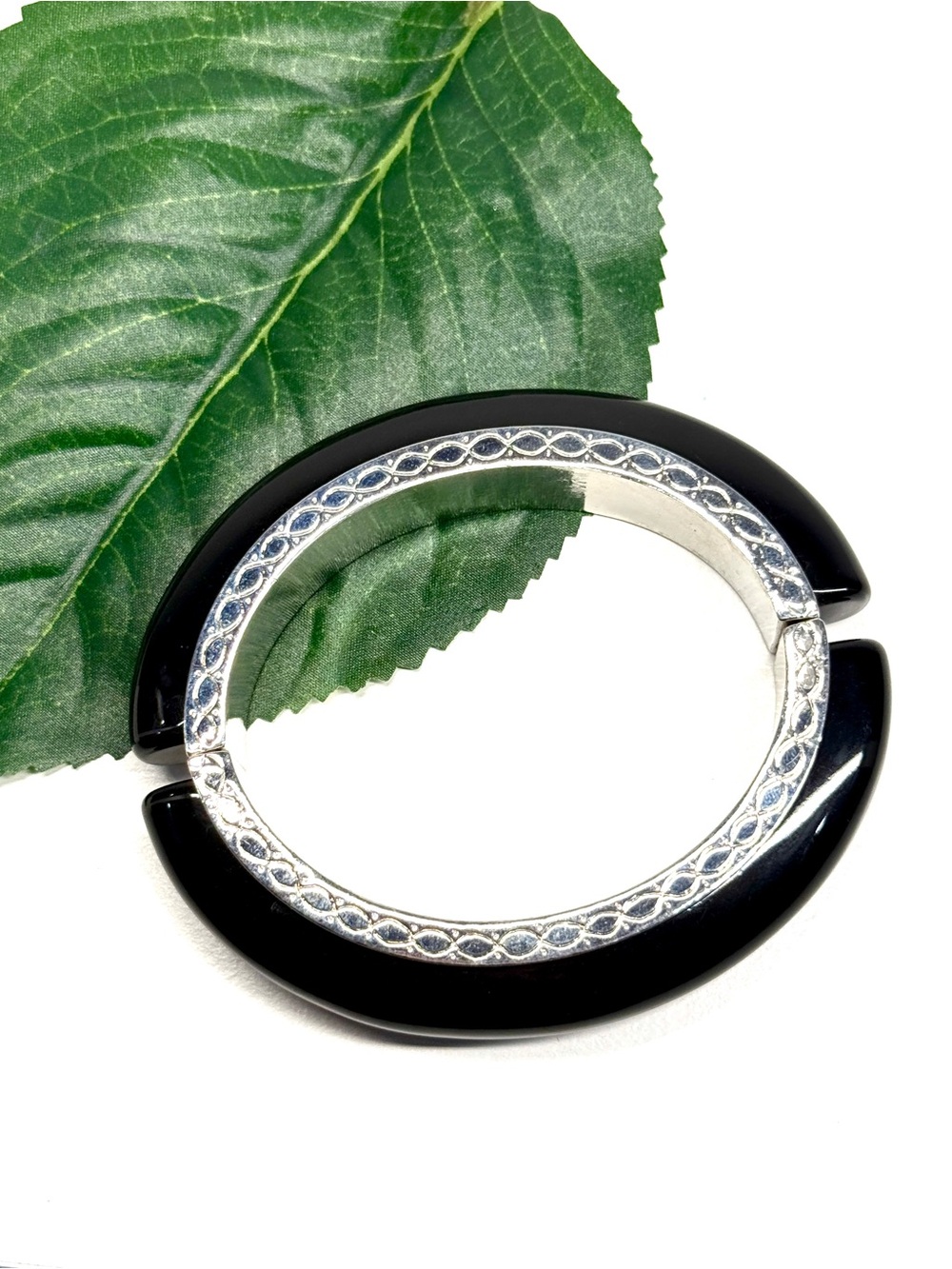 Neiman Marcus Black & Silver Tone Hinged Bangle | NWT